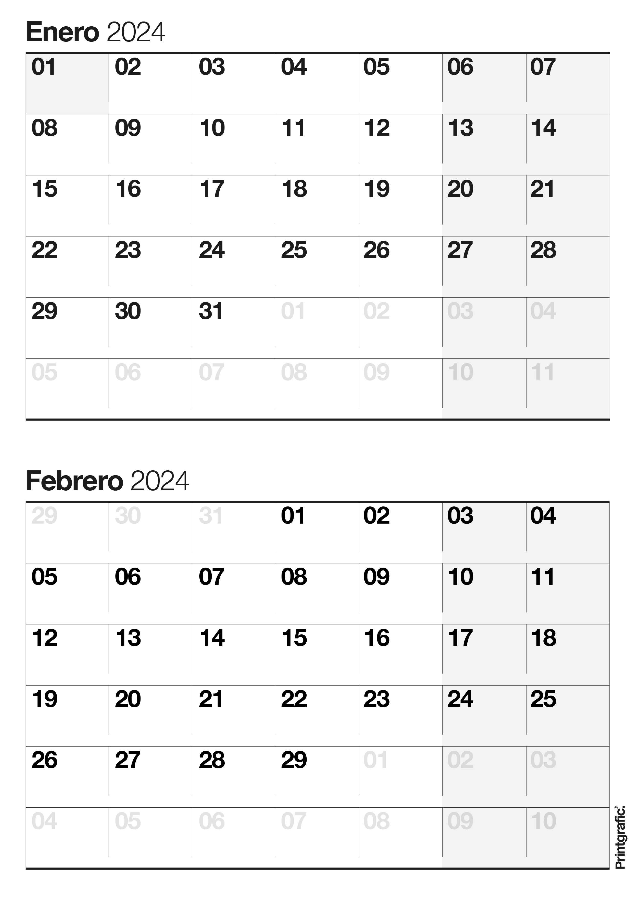 calendario para imprimir enero febrero 2024