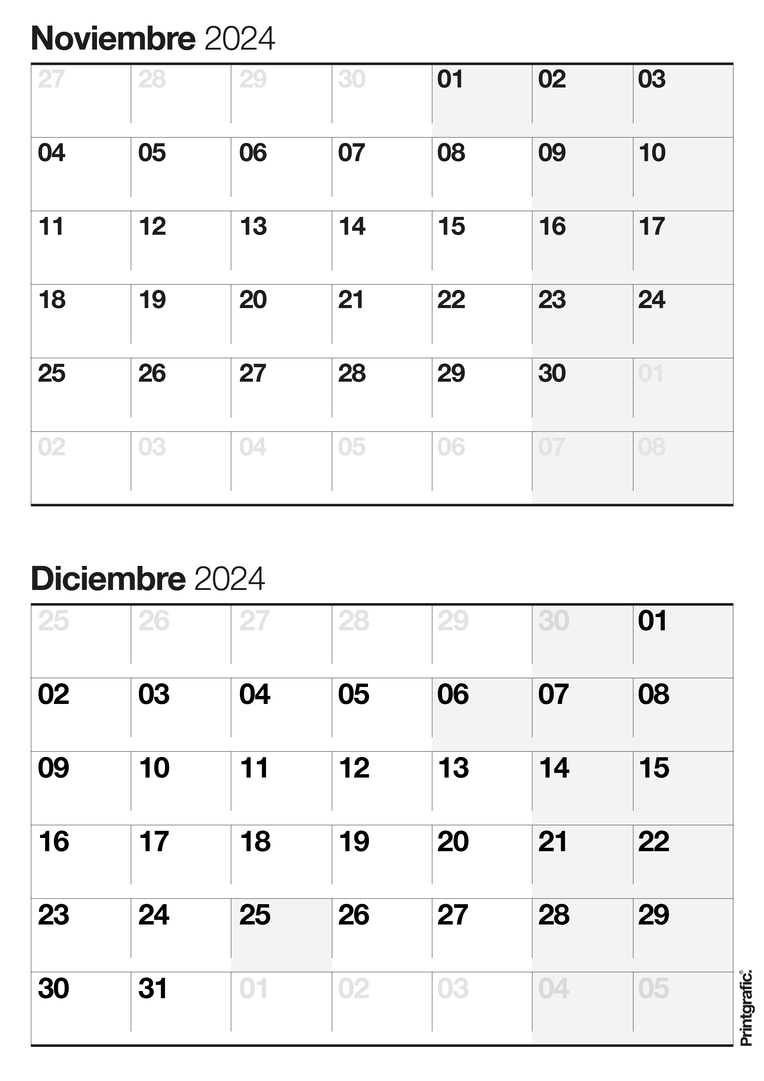 calendario para imprimir noviembre diciembre 2024