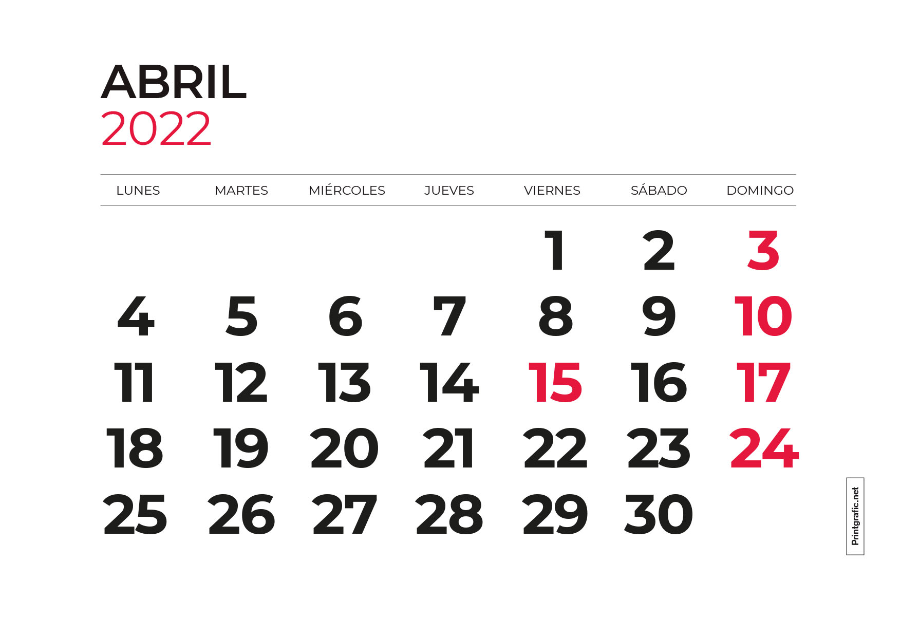 calendario para imprimir abril 2022