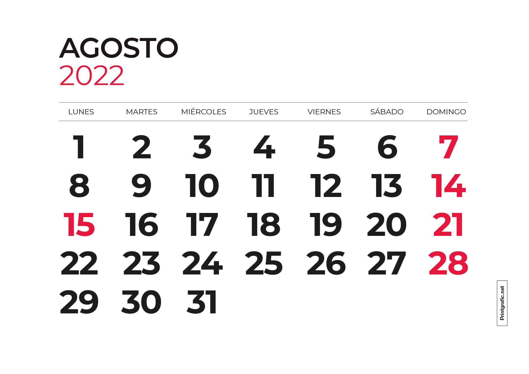 calendario para imprimir agosto 2022