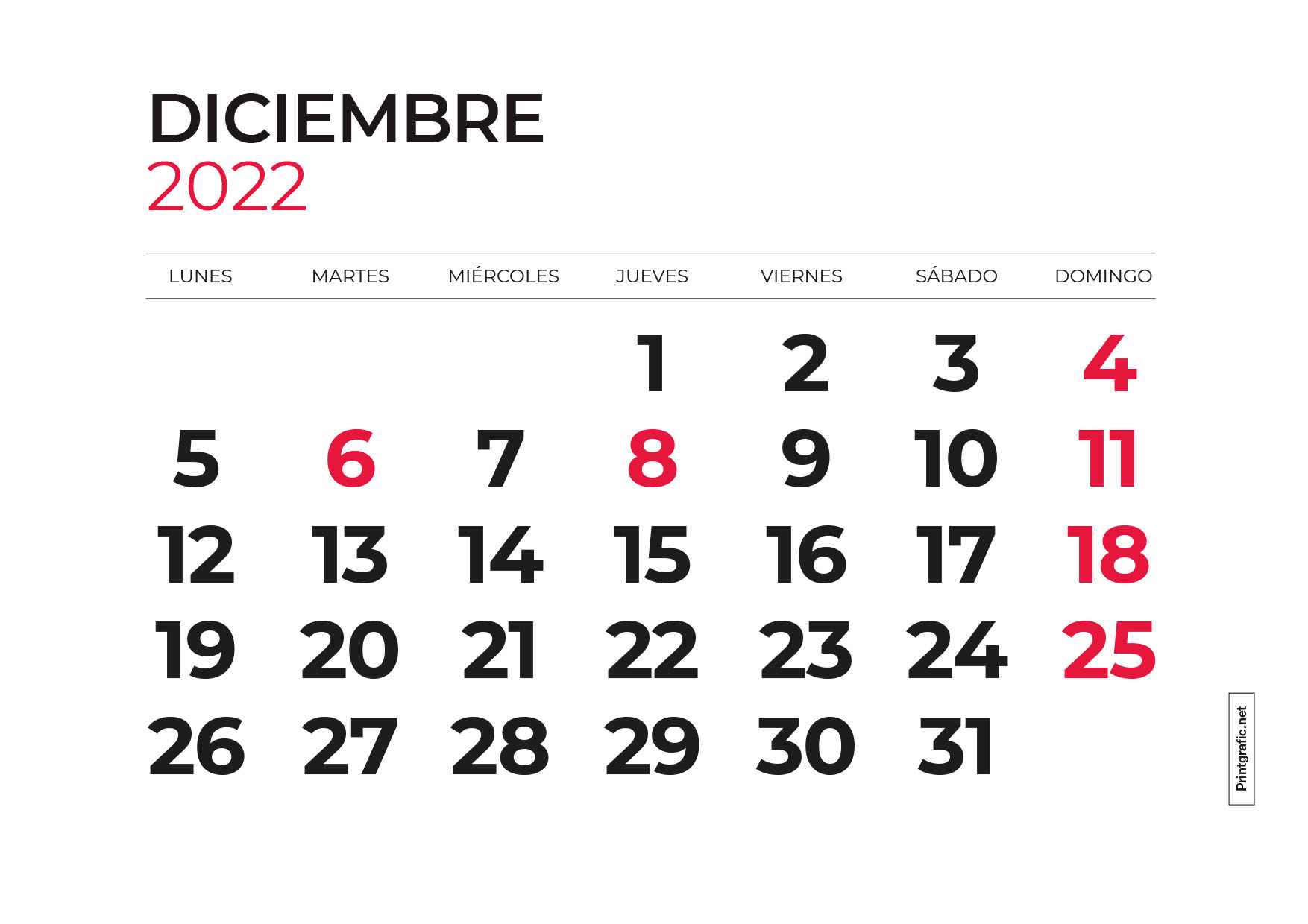 calendario para imprimir diciembre 2022