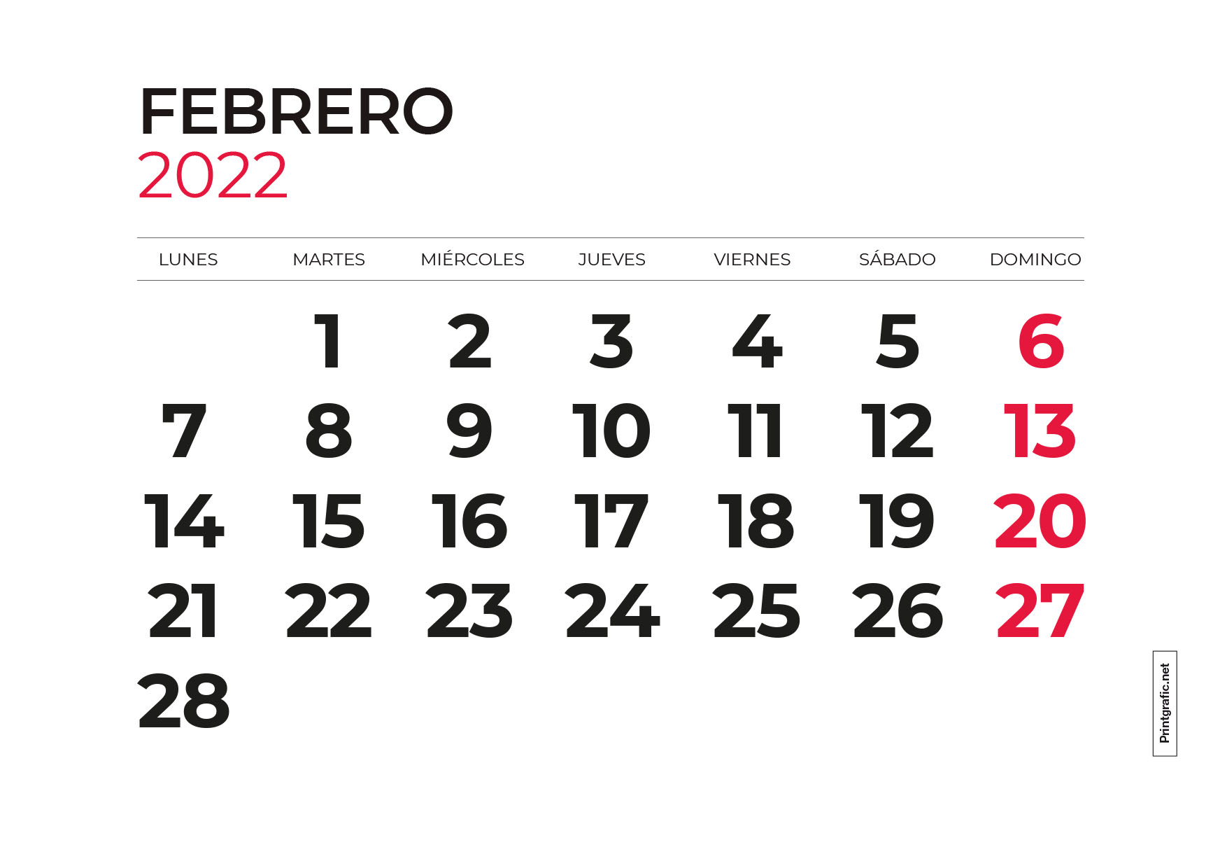 calendario para imprimir febrero 2022