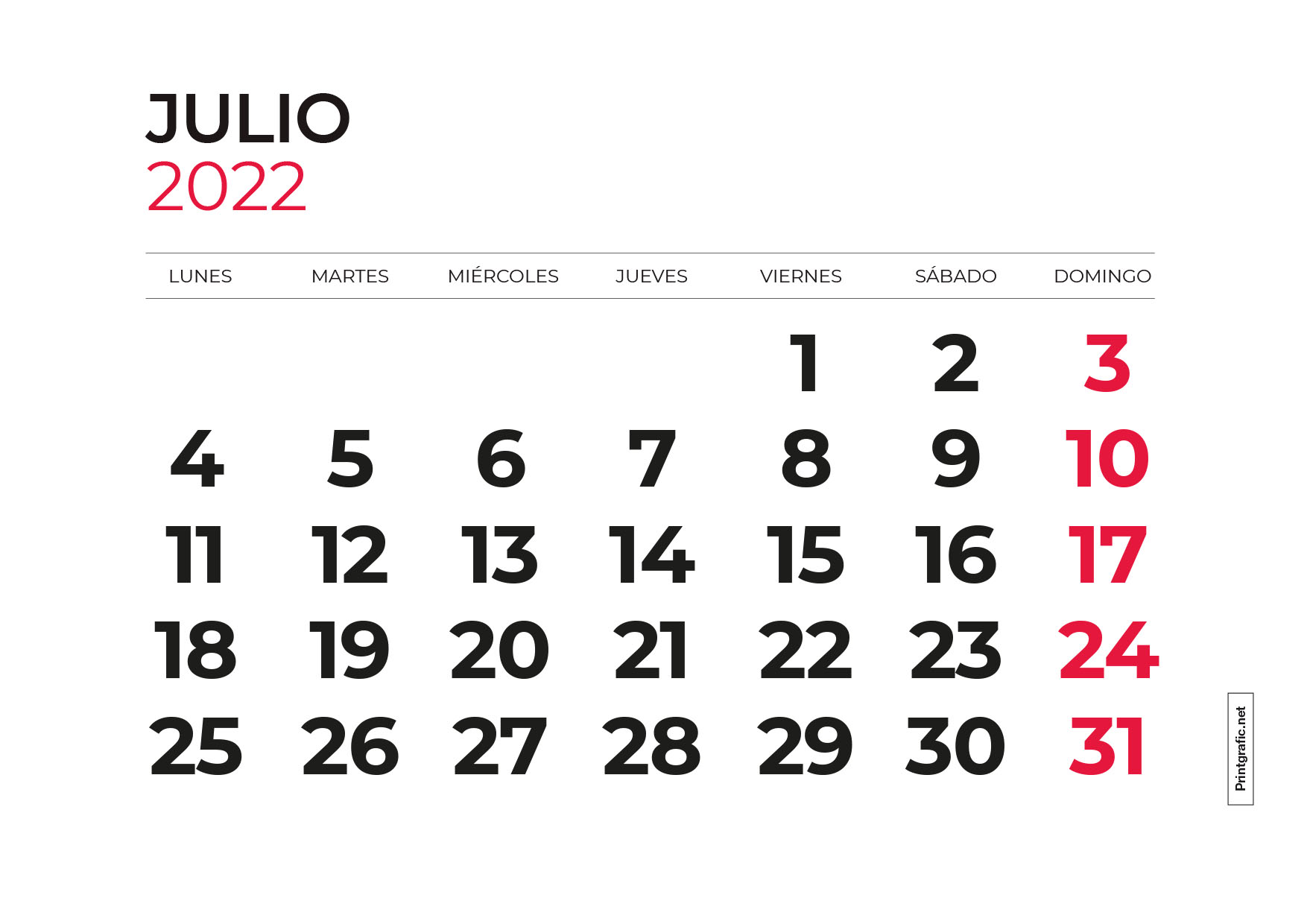 calendario para imprimir julio 2022