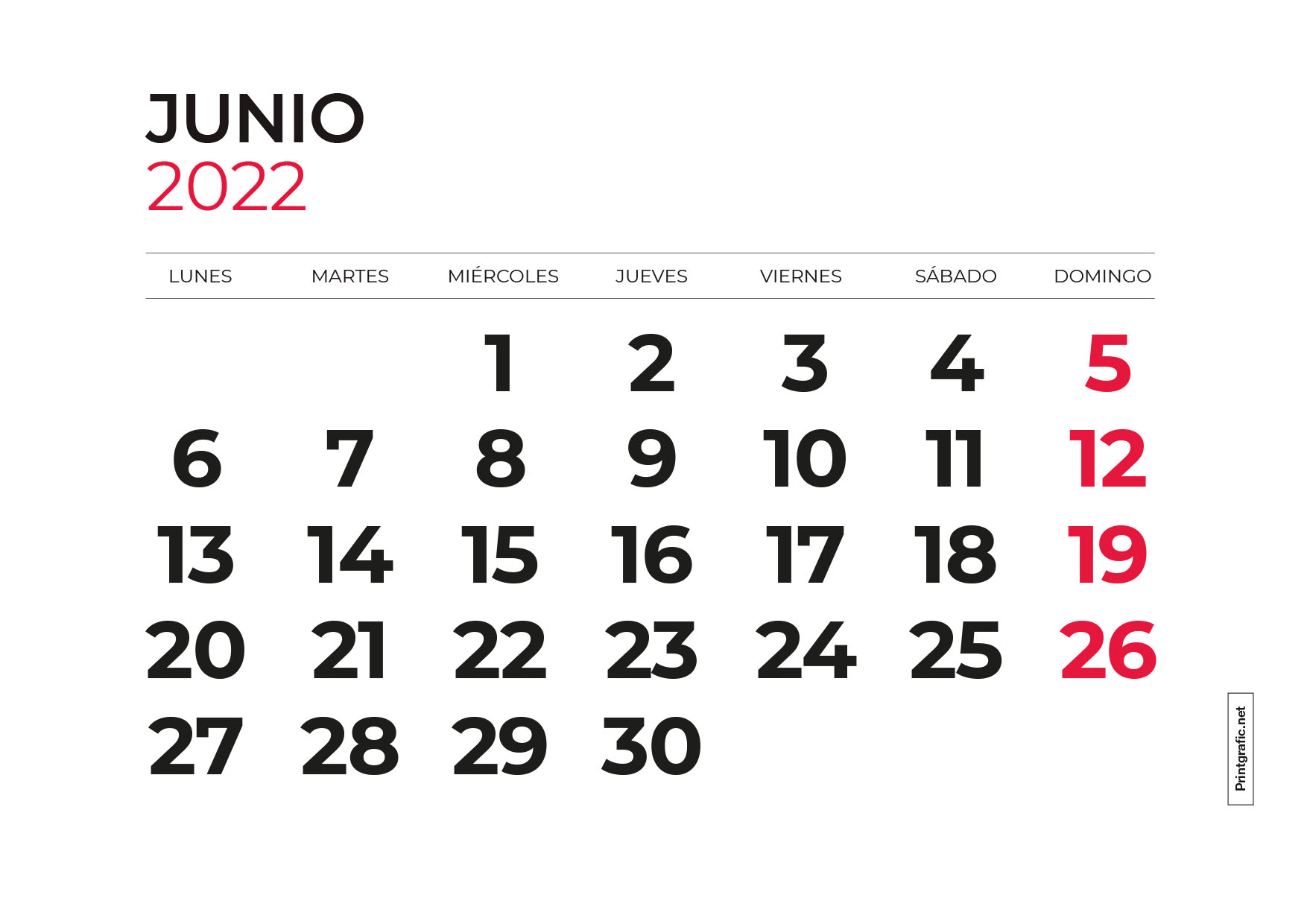 calendario para imprimir junio 2022