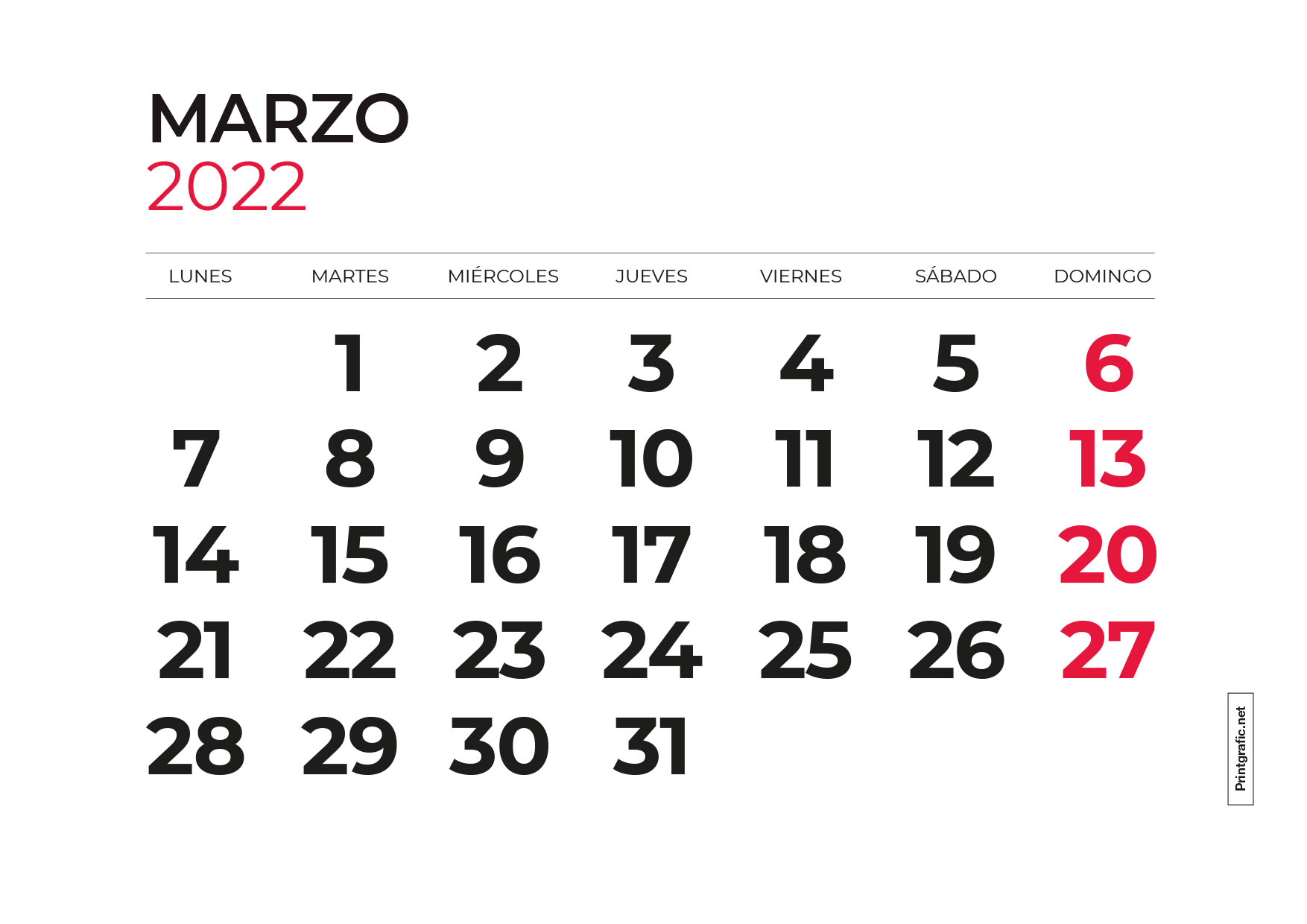 calendario para imprimir marzo 2022