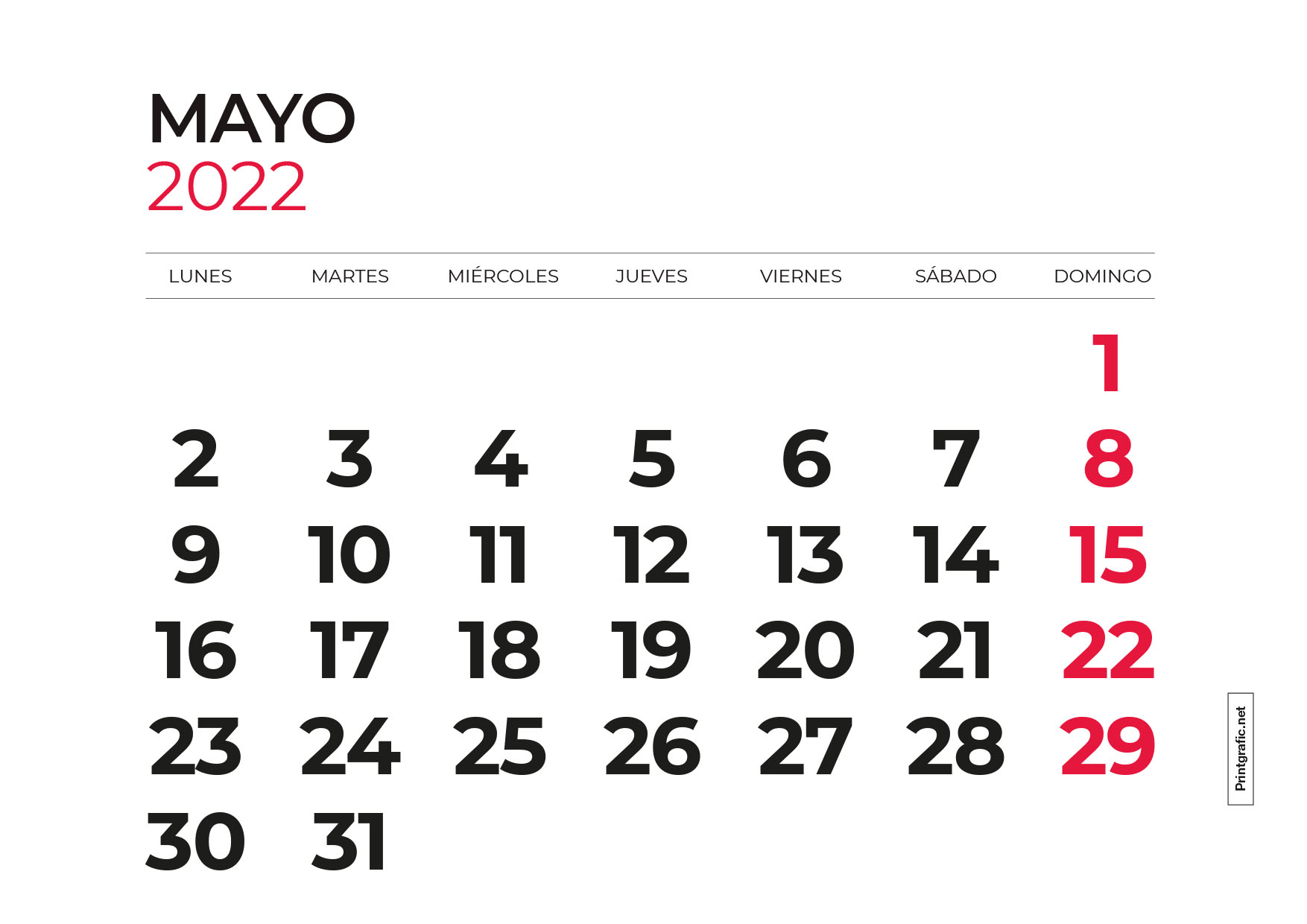 calendario para imprimir mayo 2022