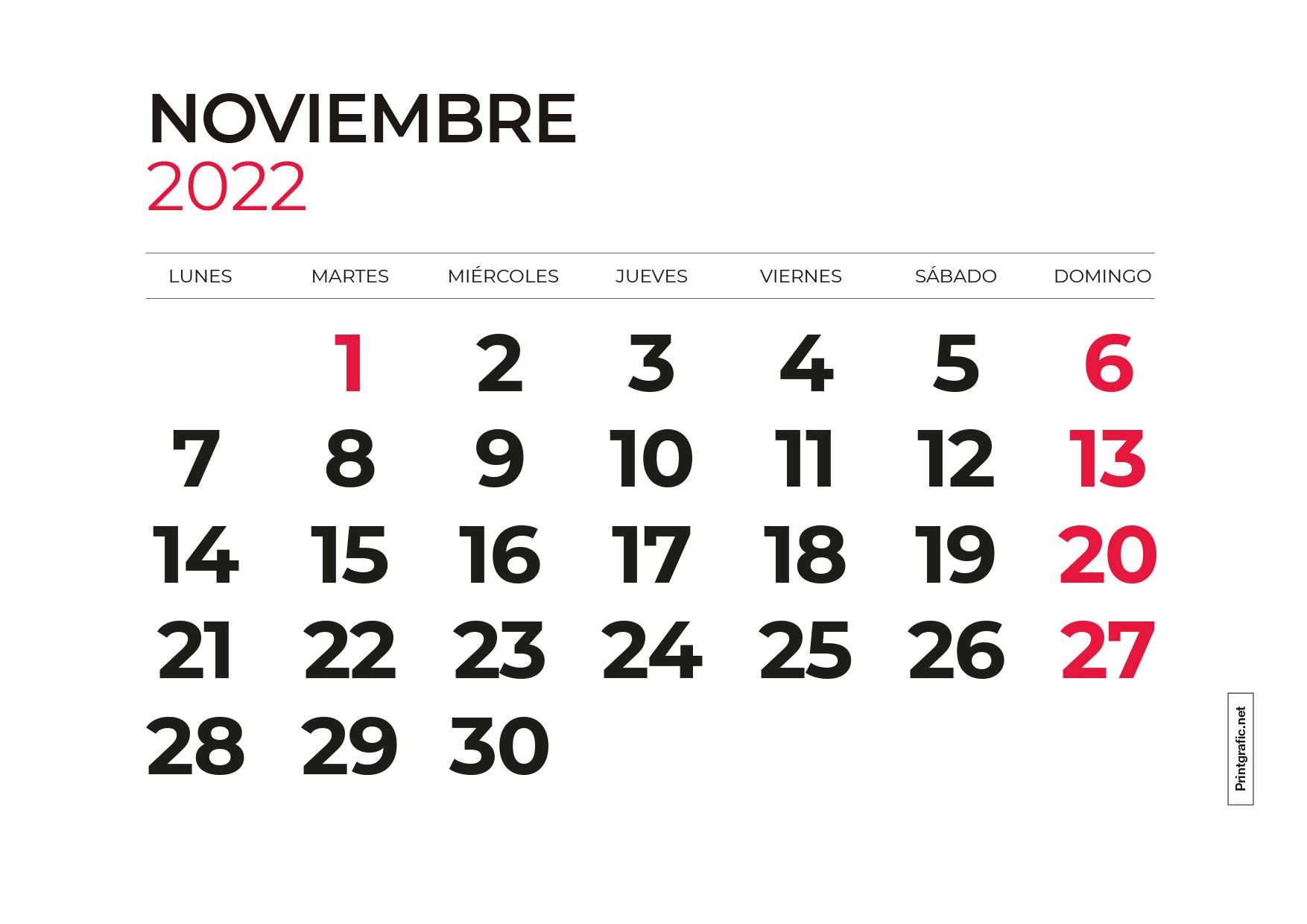 calendario para imprimir noviembre 2022