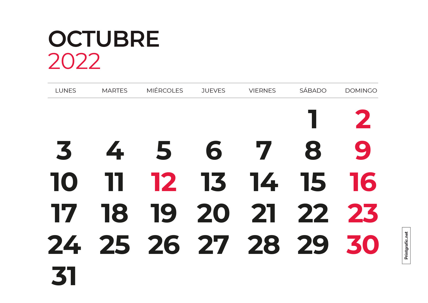 calendario octubre para imprimir 2022