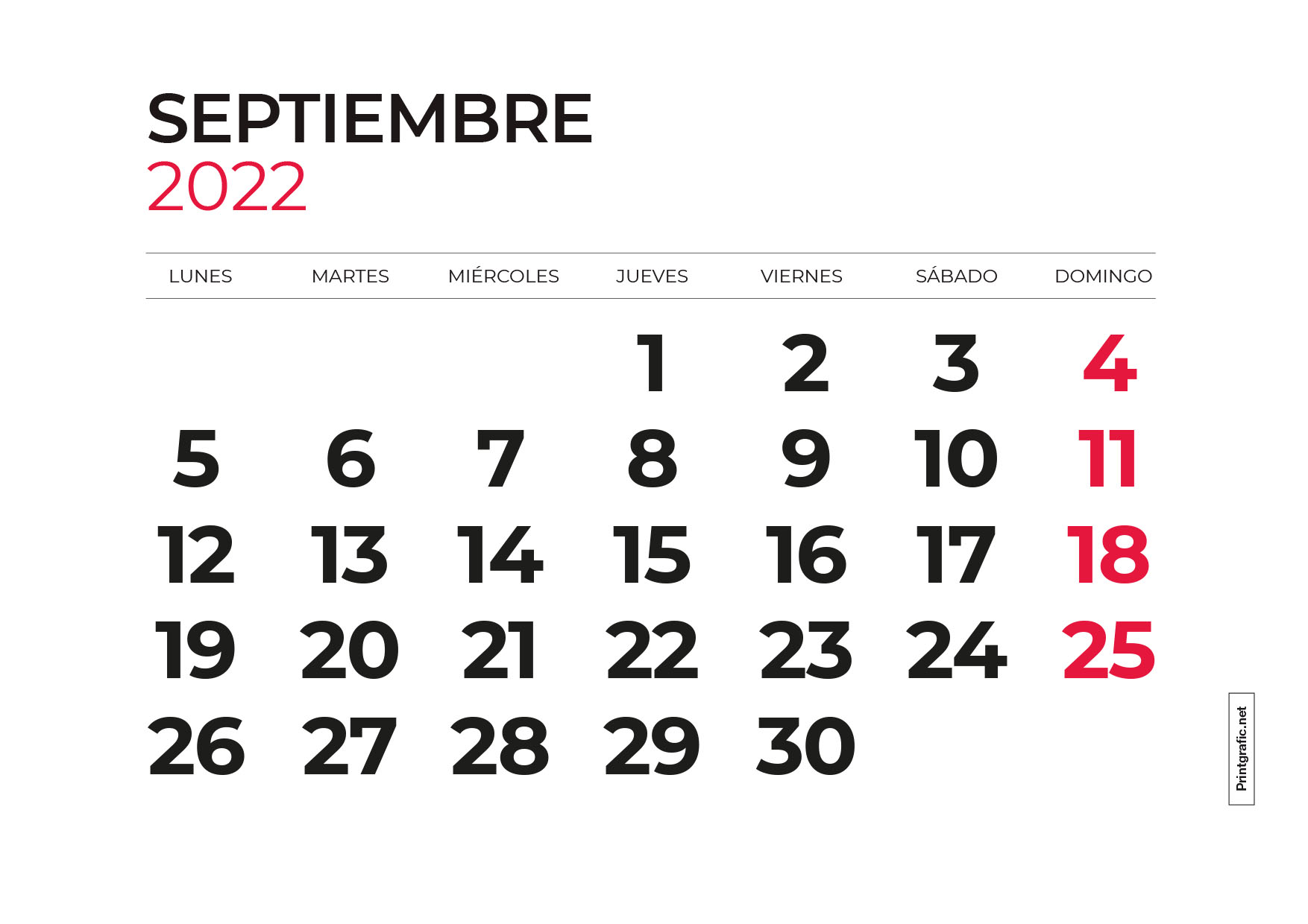calendario para imprimir septiembre 2022